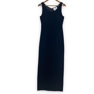 Vintage Y2K Black Velvet Scoop‎ Neck Goth Vamp Dark Romantic Maxi Sheath Dress 8
